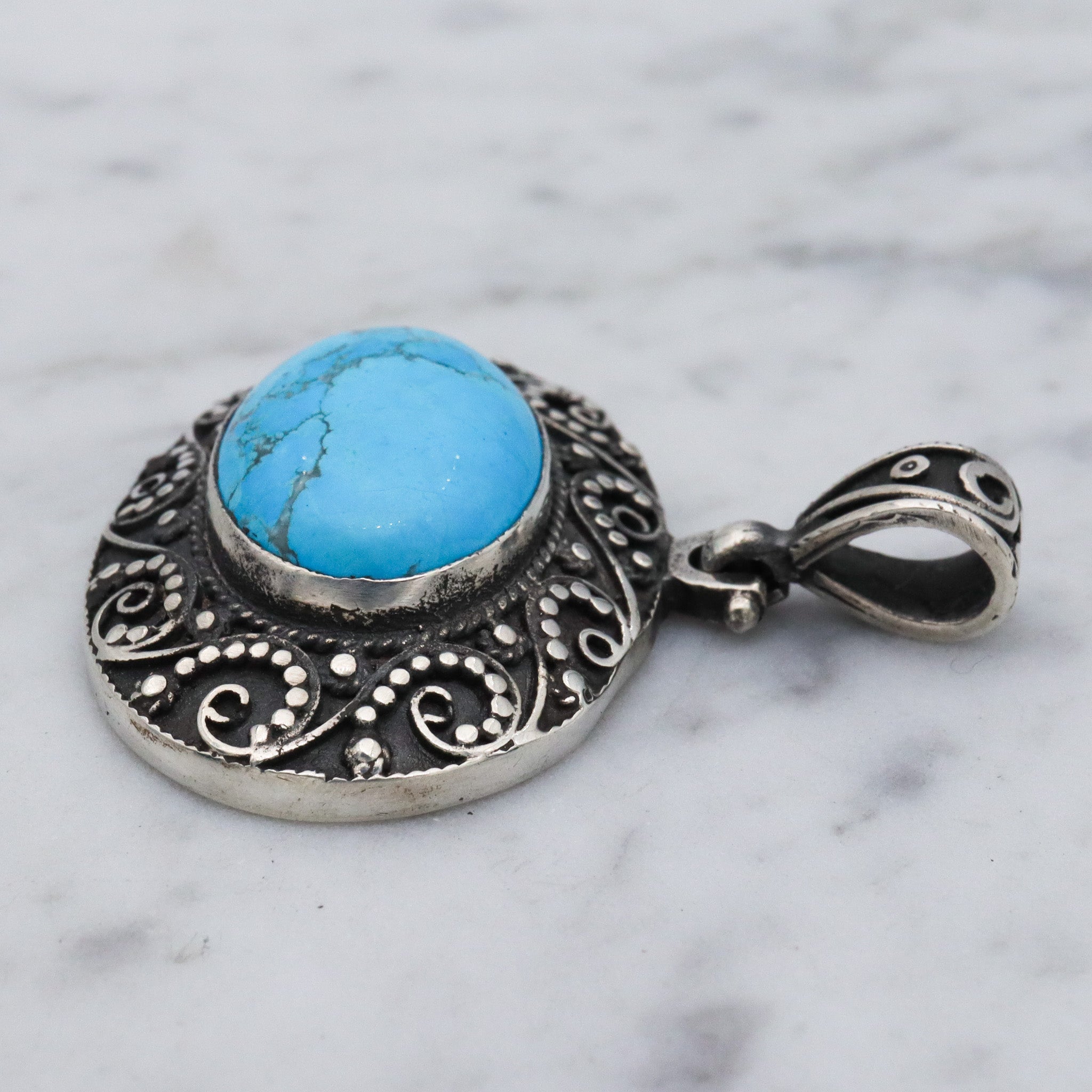 Vintage sterling silver turquoise and applied bead work pendant